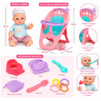 set de muñeca bebé con silla de alimentación y accesorios