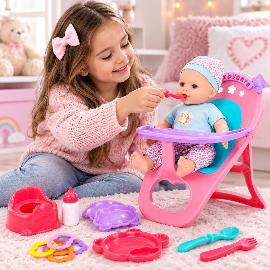 set de muñeca bebé con silla de alimentación y accesorios
