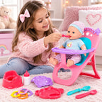 set de muñeca bebé con silla de alimentación y accesorios