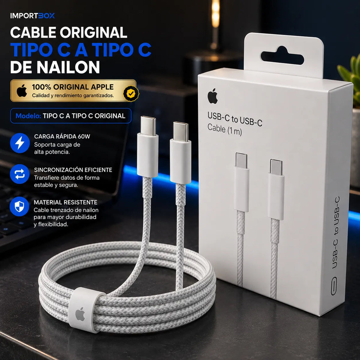 Cable Apple Original USB-C a USB-C de 1 m y hasta 60 W