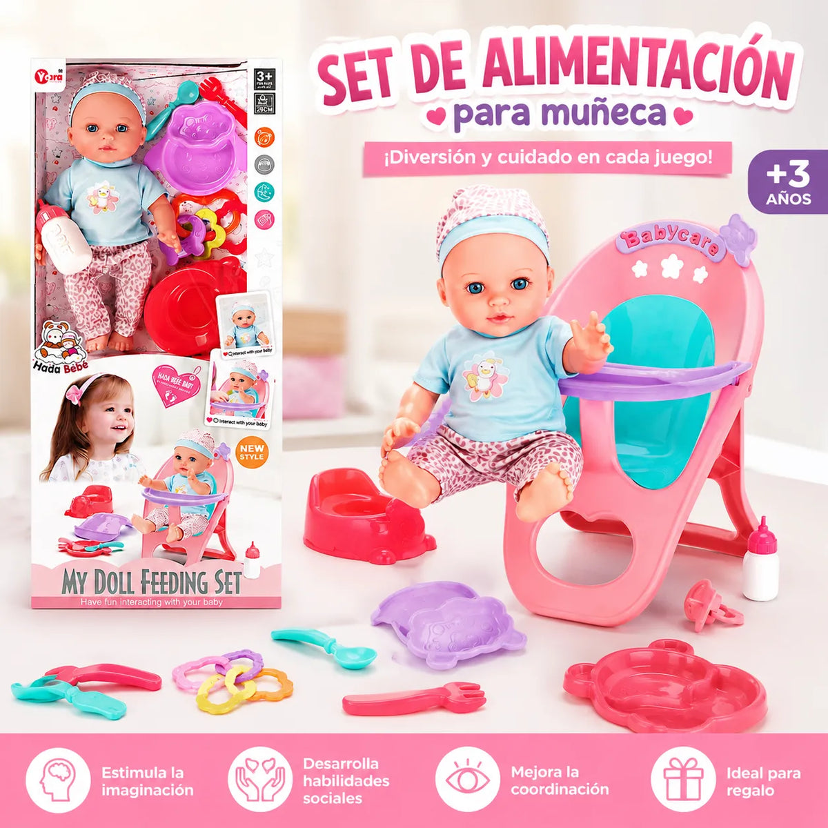 set de muñeca bebé con silla de alimentación y accesorios